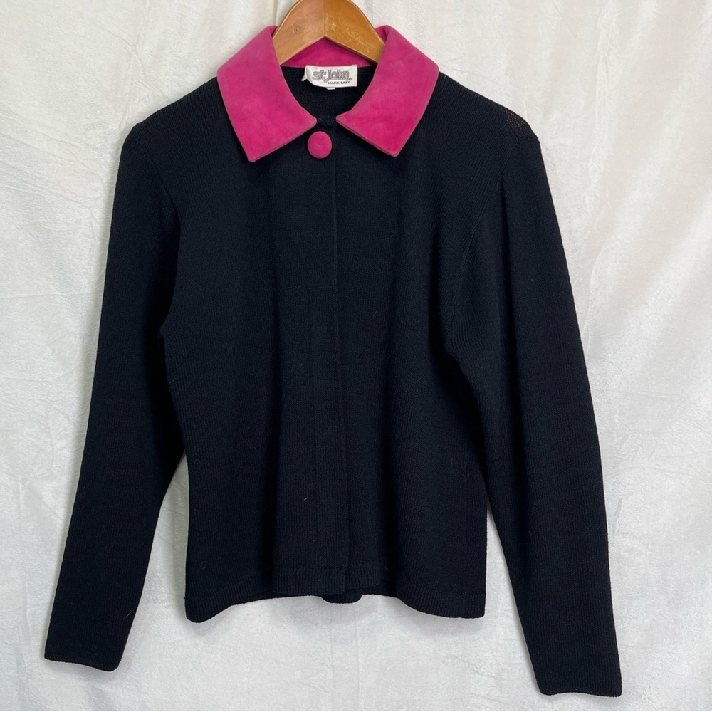 St John Marie Gray Women 8 Black Santana Knit Cardigan Sweater Pink Suede Collar